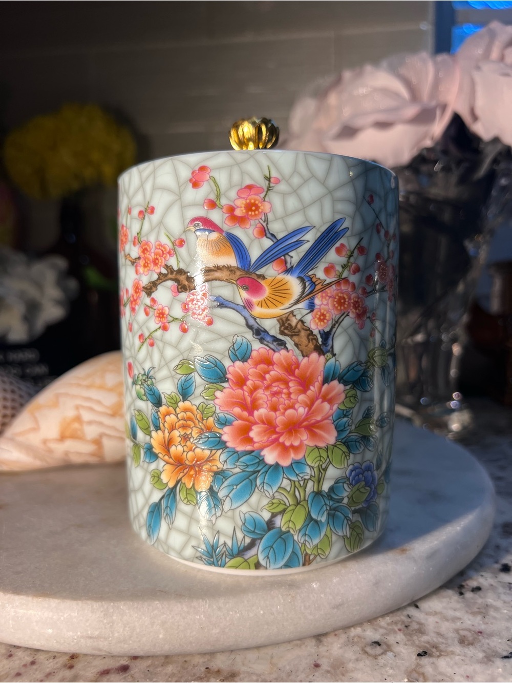 Porcelain Floral & Bird Tea Caddy with airtight lid-New!